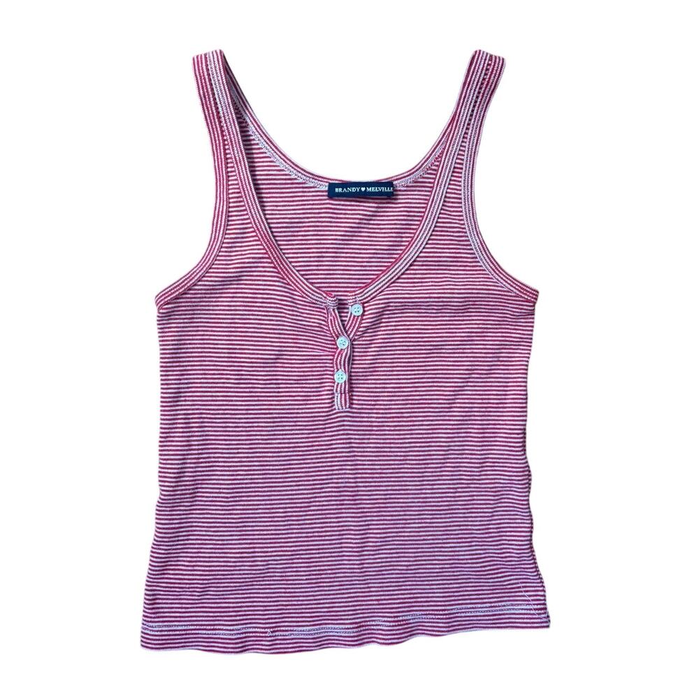 Brandy Melville Striped Henley Tank - One Size - Red/White (Rare/Discontinued)
